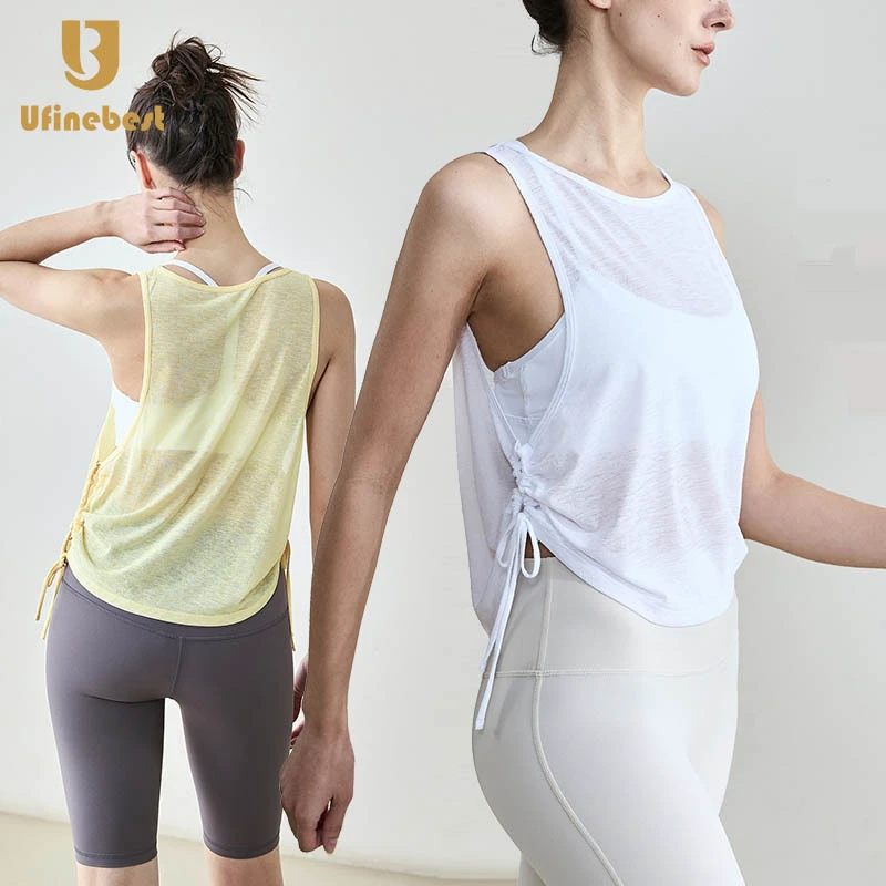 Women's Summer Sleeveless Vest Breathable Yoga Blouse Loose Drawstring Crewneck Lightweight Yoga t Shirts