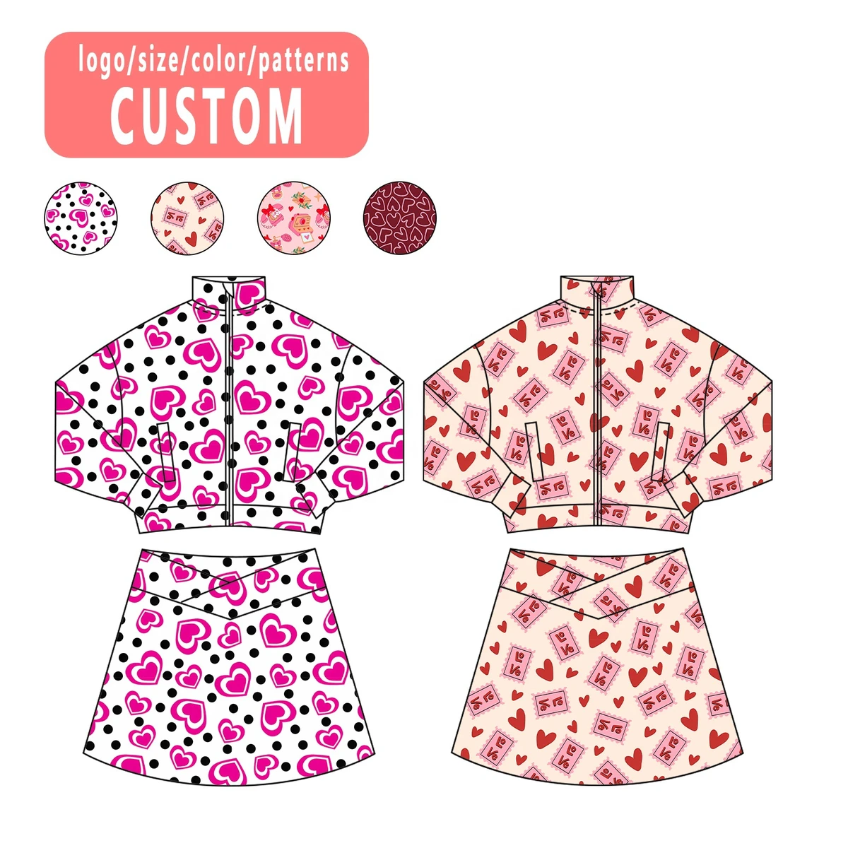Custom Long Sleeved Girls Yoga Jacket & Short Skirt Set Quarter Zip Casual Eco-Friendly Summer Two-Piece Athletic Wear