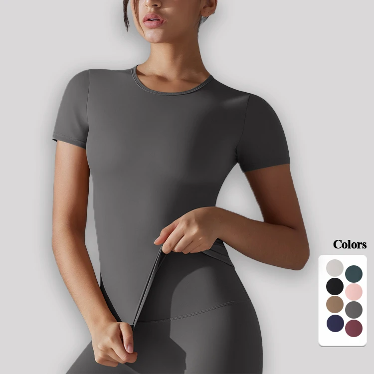 Hot Selling Women's Sexy Sports Yoga Short Sleeve Top Solid Casual Fitness T-shirt with Quick-Dry Breathable Neck Design