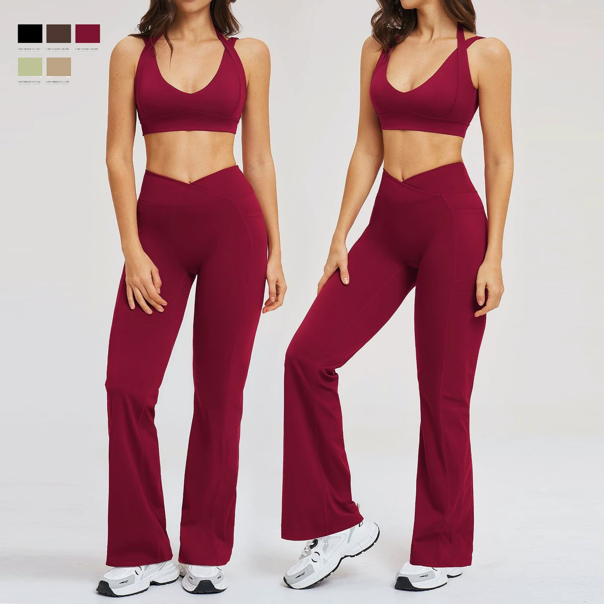 Women High Waist Solid Comfortable Flare Leggings 2 PC Yoga Suits Backless Sexy Halter Straps Bra Workout Suits for Women