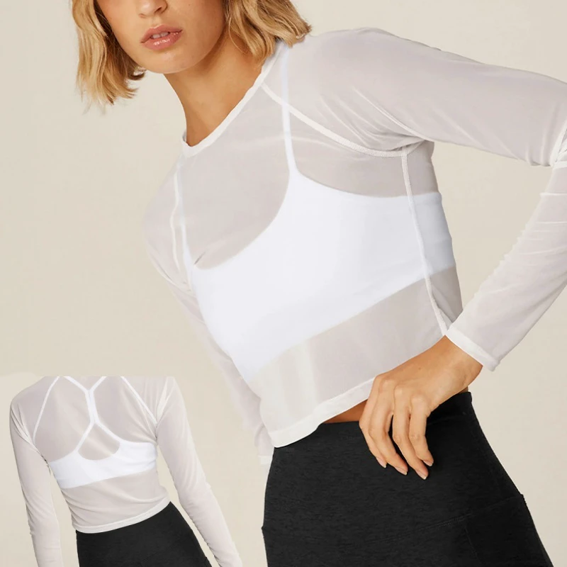 Aoyema Gym Clothing Women Sexy Mesh Yoga Wear Workout Fitness With Chest Pad Sports Bra Running Quick Drying Long Sleeve Shirt