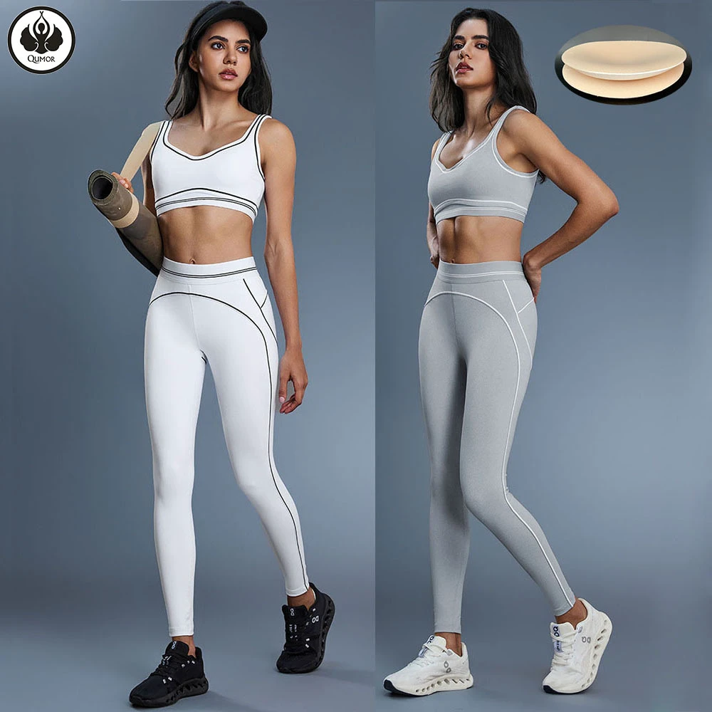 QUMOR Women's Plus Size Color Blocking Active Suit Beautiful Back Sports Bra Crop Top Mid Waist Hip Lift Leggings Breathable