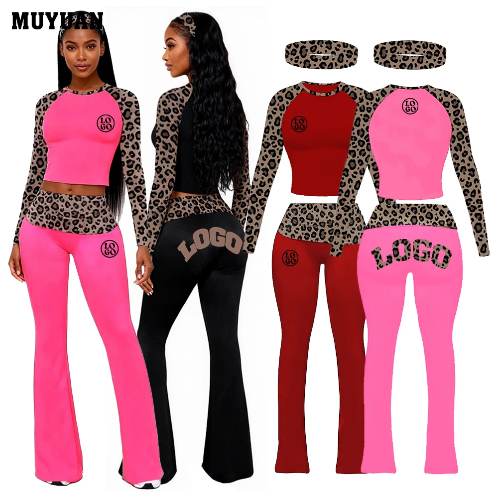 Women Two Piece Loungewear Set with Leopard Print Raglan Sleeve Top and High Waist Flare Pants for Yoga Casual Wear