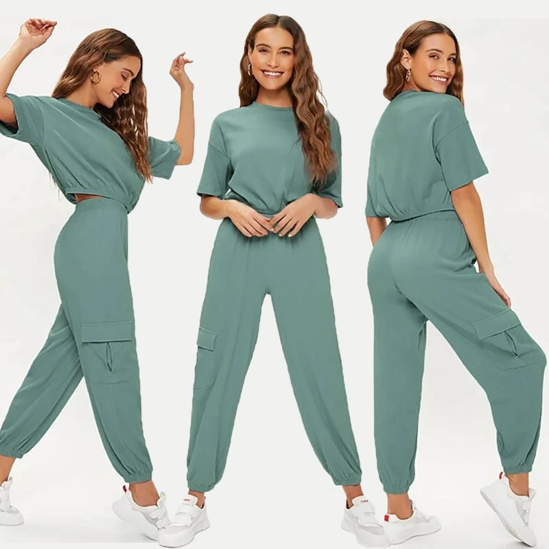 Custom Logo Summer Casual Pullover Gym Pant Short Sleeve Jogger Set Women Two Piece Outfits Clothing