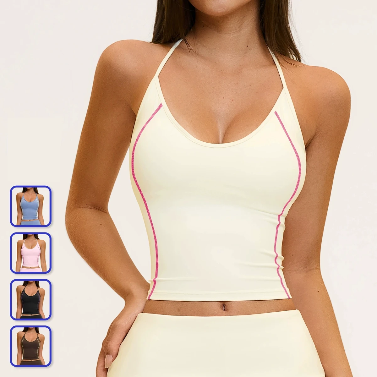 Women Breathable Sports Color-block Halter-neck Backless Fashionable Tight-fit Yoga Top