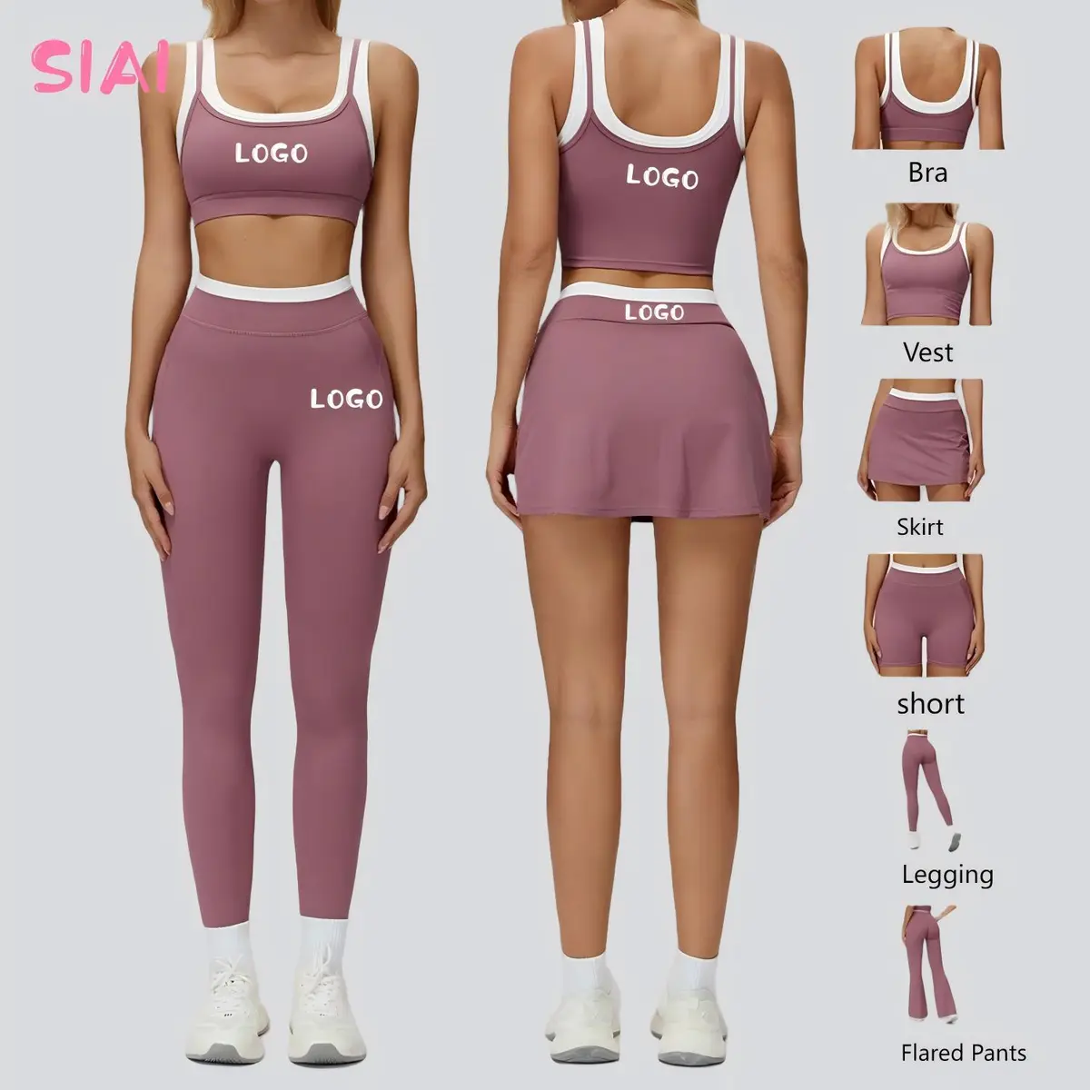 Women's 6-Piece Solid Plus Size Yoga Set Reversible Quick Dry Breathable Seamless Crew Neck Shorts Elastic Waist Front