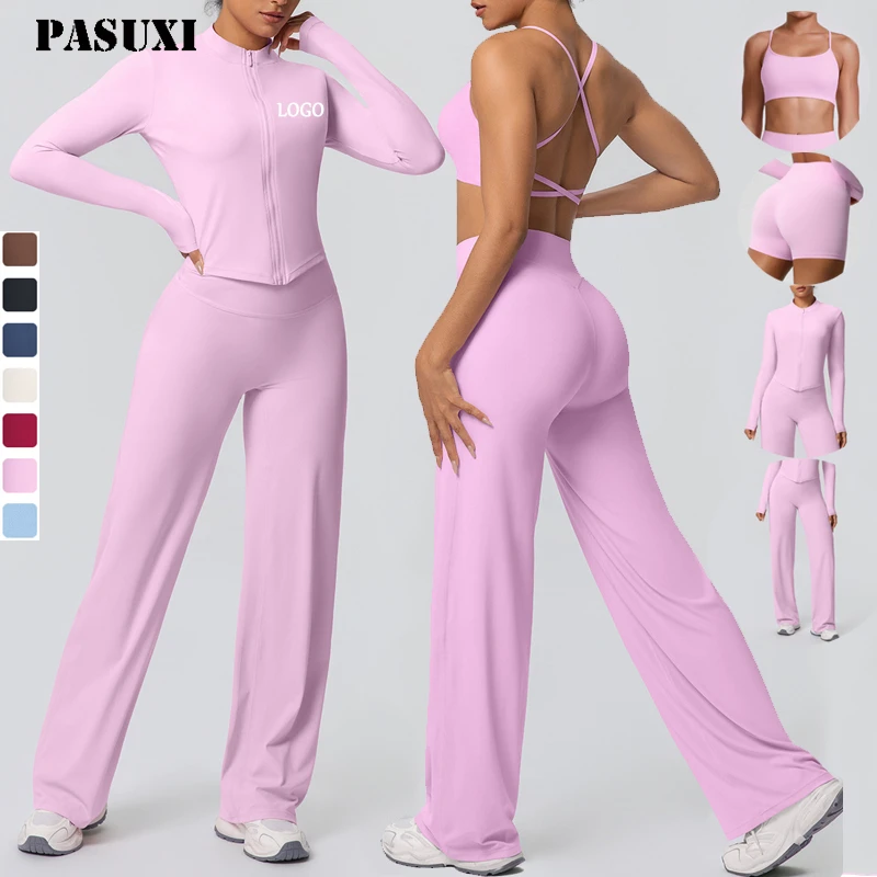 PASUXI Custom Women's Activewear Set Breathable Quick-Dry High-Waist Yoga Leggings Sports Bra Shorts Gym Fitness 4-Piece Set