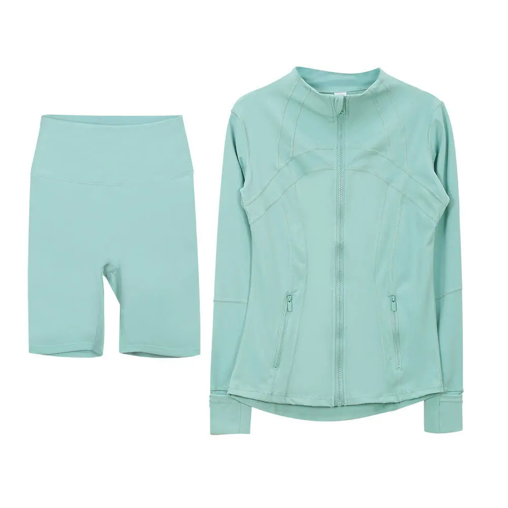 High Quality Women Yoga Set Long Sleeve Stand Collar Sports Top with Stretchy Fitness Shorts Outfit