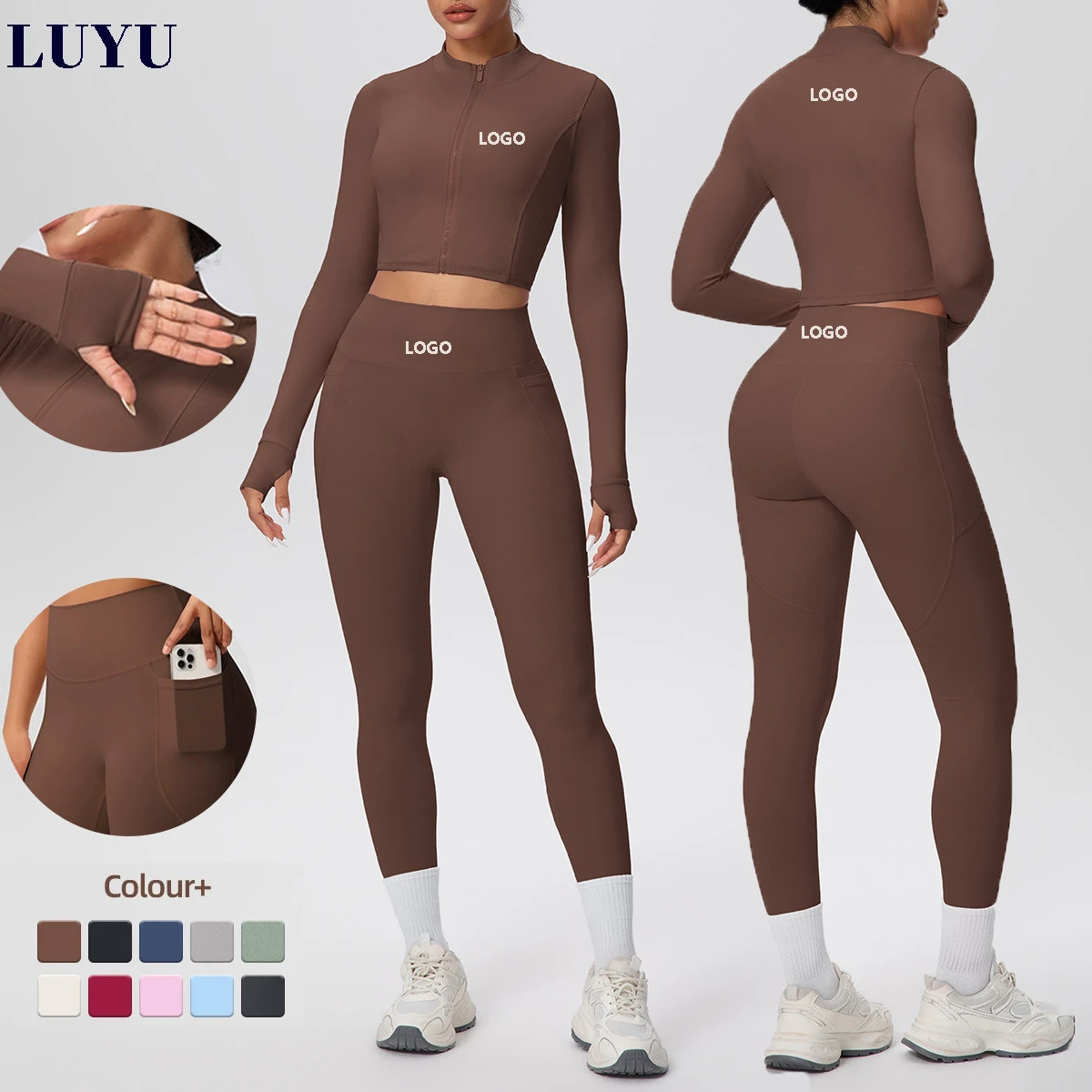 2026 New Design Slimming Fitness Crop Jacket/Leggings 2 Piece Set Side Pocket Training Exercise Stretchy Yoga Sets