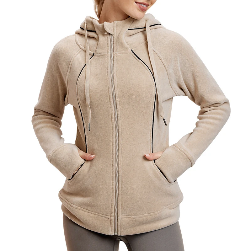 Long Sleeved Yoga Sports Jacket for Women in Autumn and Winter,with Plush and Thick Zipper Hooded Sweatshirt for Warmth
