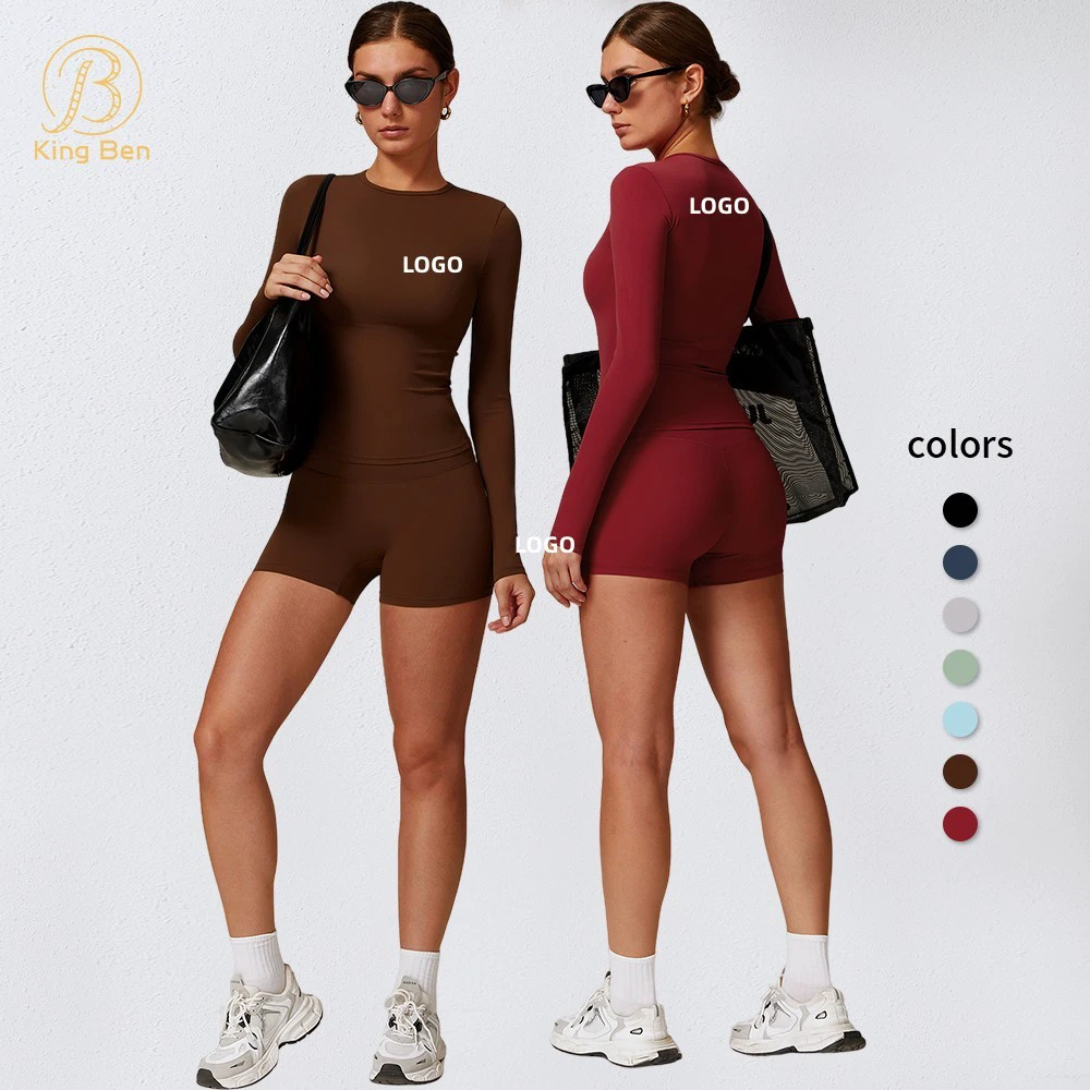 Women's 2PCS Active Wear Set Breathable Yoga Top & High Waist Cycling Shorts XS Size Long Sleeve Stretchy Fitness Running Pants
