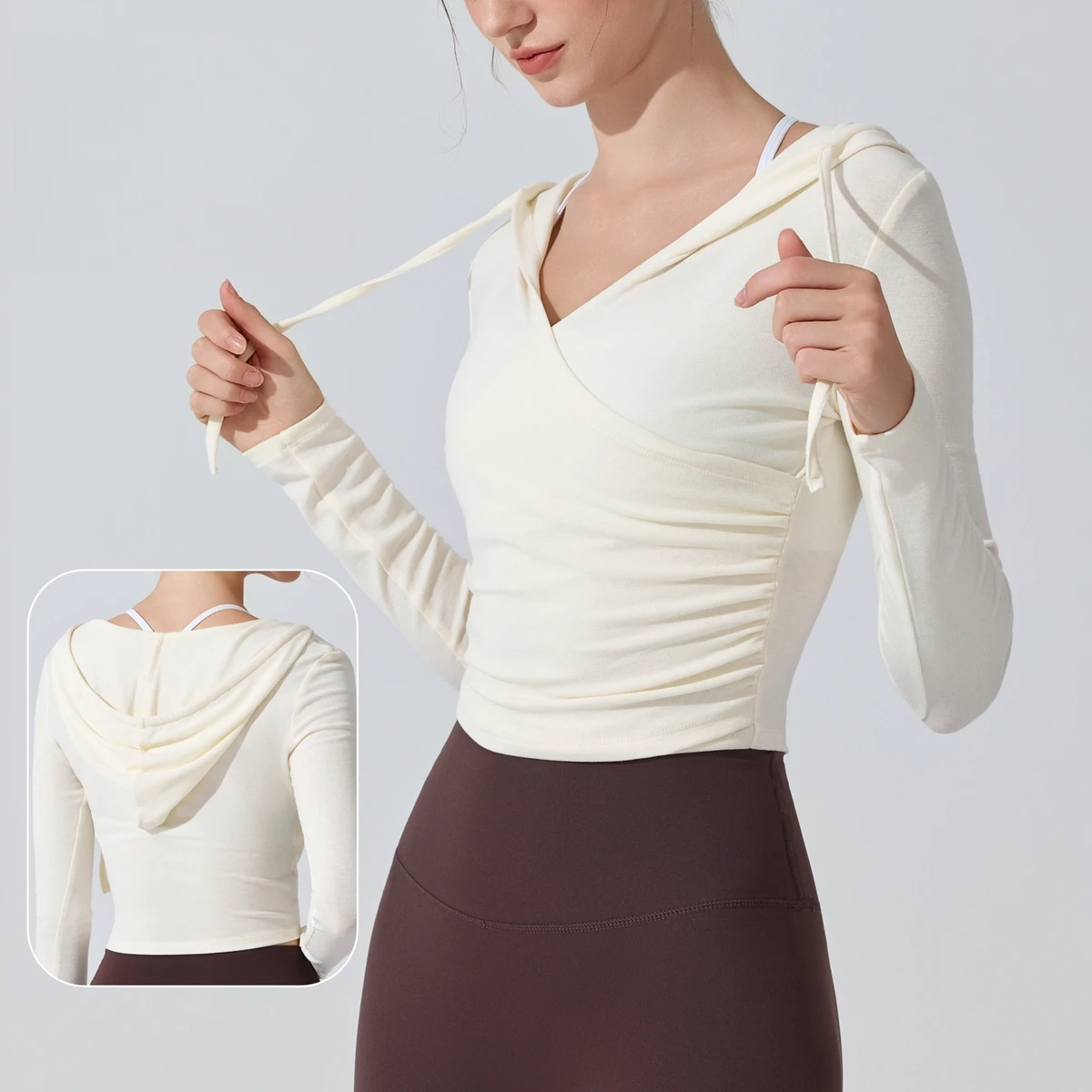 Women's Hooded Wrap V-Neck Ruched Waist Long Sleeve Slim Fit Crop Top Sportswear for Yoga Workout Casual Daily Wear