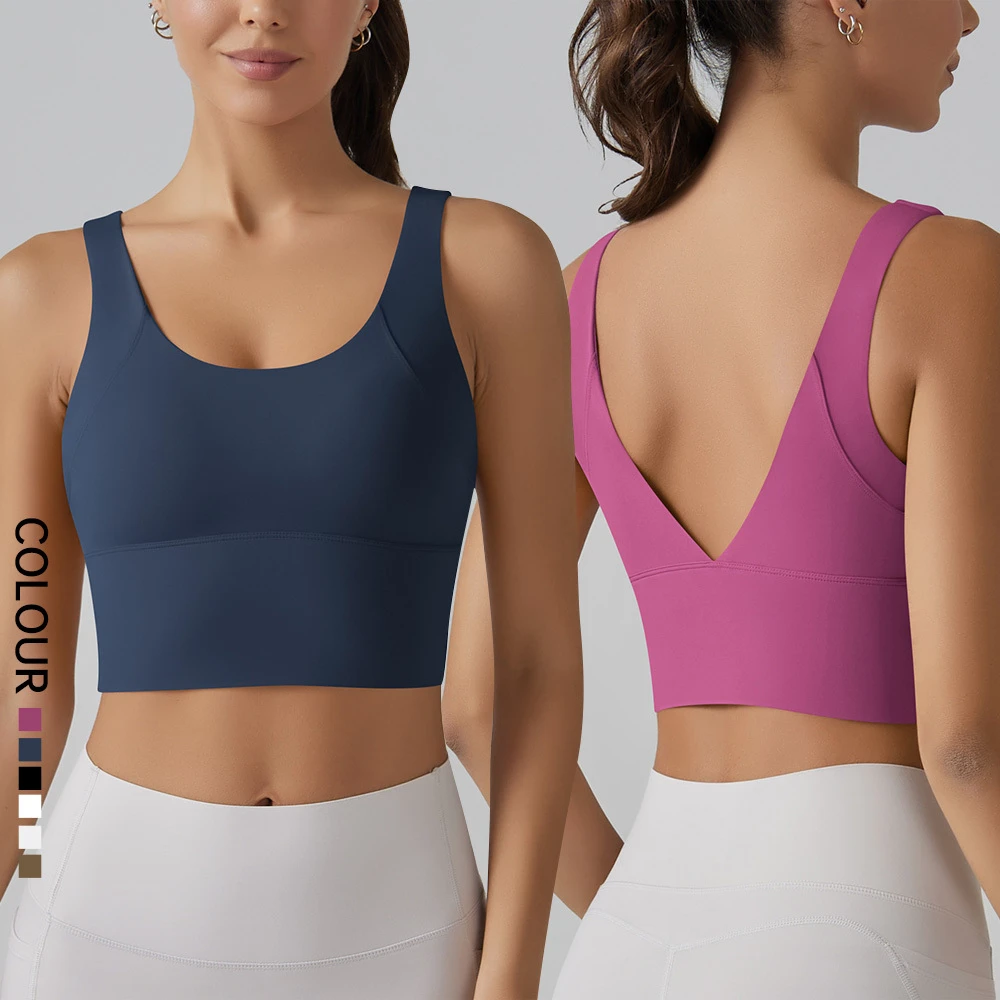SHINBENE Workout Gym Crop Tops Sexy V Back Yoga Longline Bras Nylon Padded Sports Bras