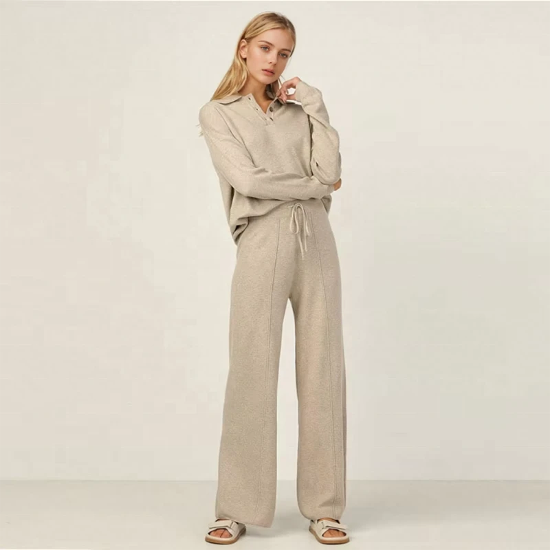 Plus Size Women's Sets Long Sleeves Polo Knitted Top And Wide Leg Pants Pants Two Piece Lounge Sweater Set