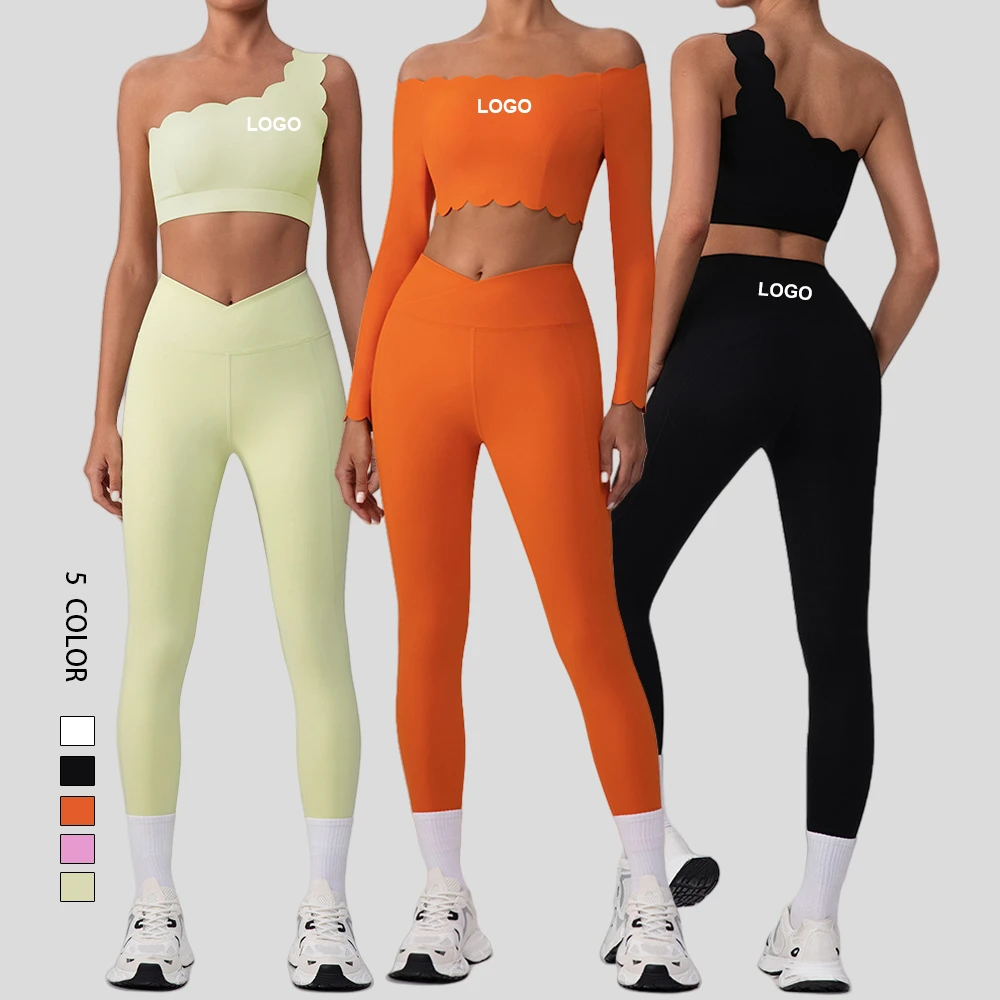 New High Waist Yoga Off-shoulder Bra Fitness Clothes One Shoulder Long Sleeve and Pants 3 Piece Quick Dry Breathable Set