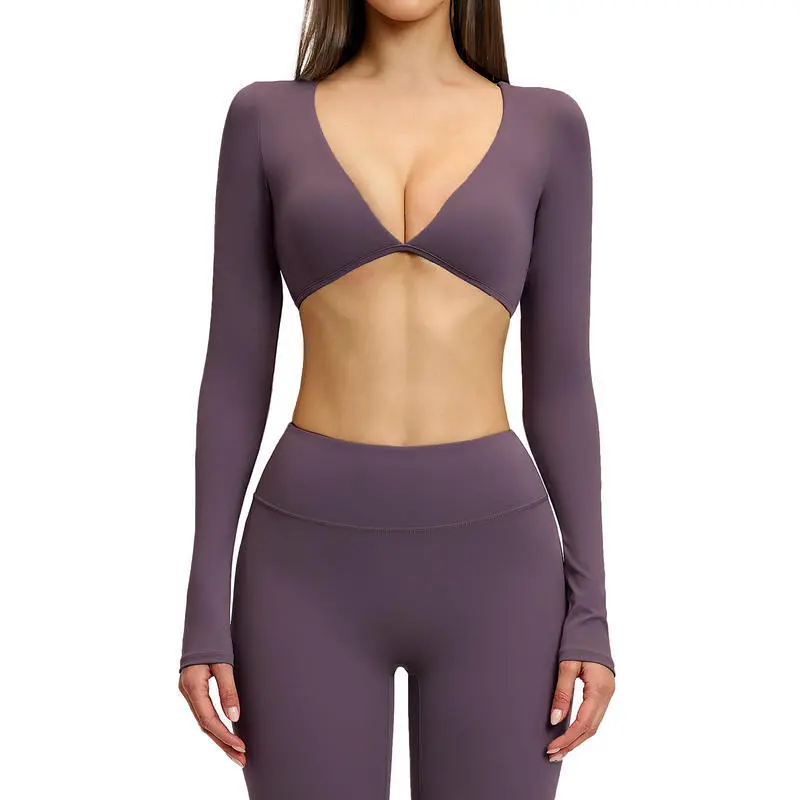 Yoke New Casual Women's T-shirt V-neck Long-sleeved Fashionable Yoga Top Sports Top for Outdoor Fitness and Running