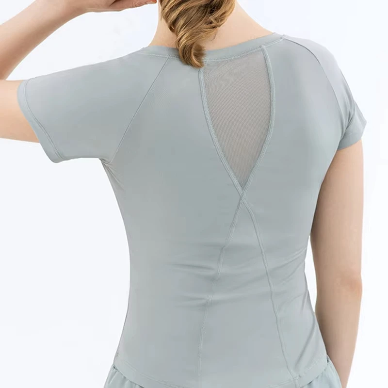 MAYYOUNG Summer Nylon Spandex Slim Fit Yoga T-Shirt Women Quick Dry Breathable Round Neck Short Sleeve Workout Fitness Top