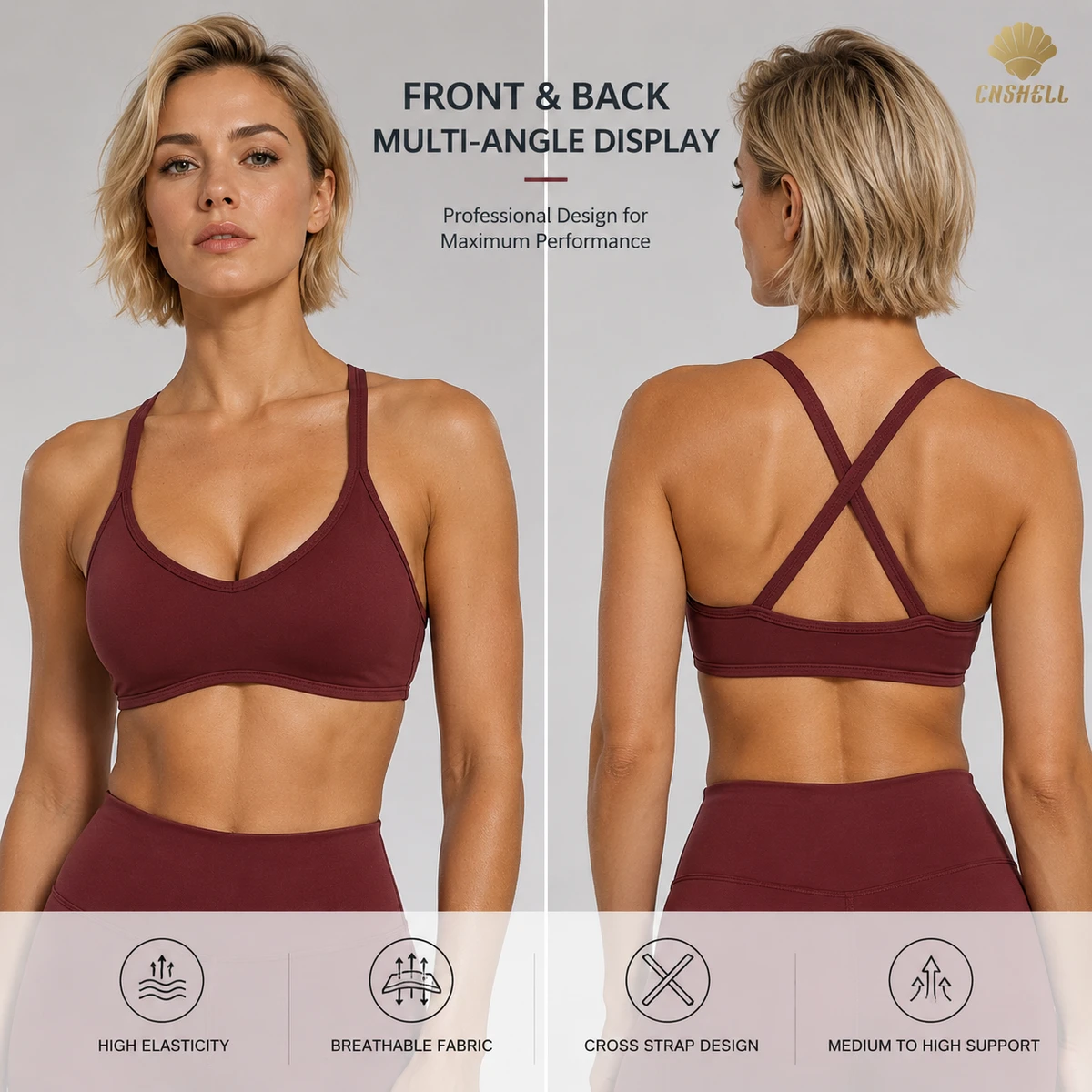 CNSHELL Seamed Criss-Cross Back Women's Sports Bra, Moisture Wicking Medium Support Yoga Bra for Gym Fitness Running Wholesale