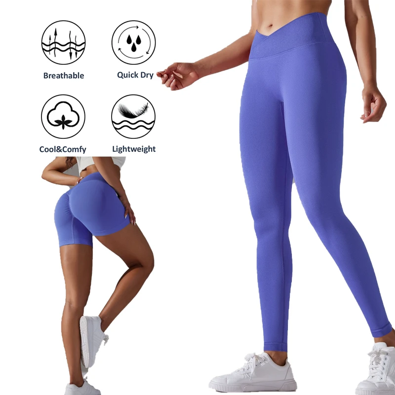 Wholesale 15 Colors Seamless Workout Tights Cross Waist Sports Leggings for Women, Casual V Shape Waist Scrunch Yoga Pants
