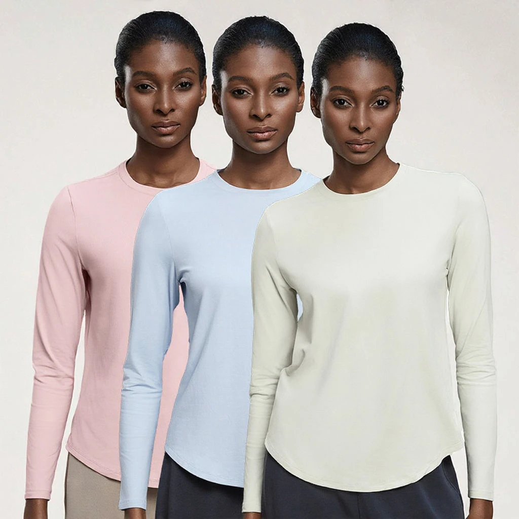 Autumn Solid Seamless Round-Neck Breathable Yoga Shirt Loose-Fit Sweat-Wicking Four-Way Stretch for Women Long-Sleeve