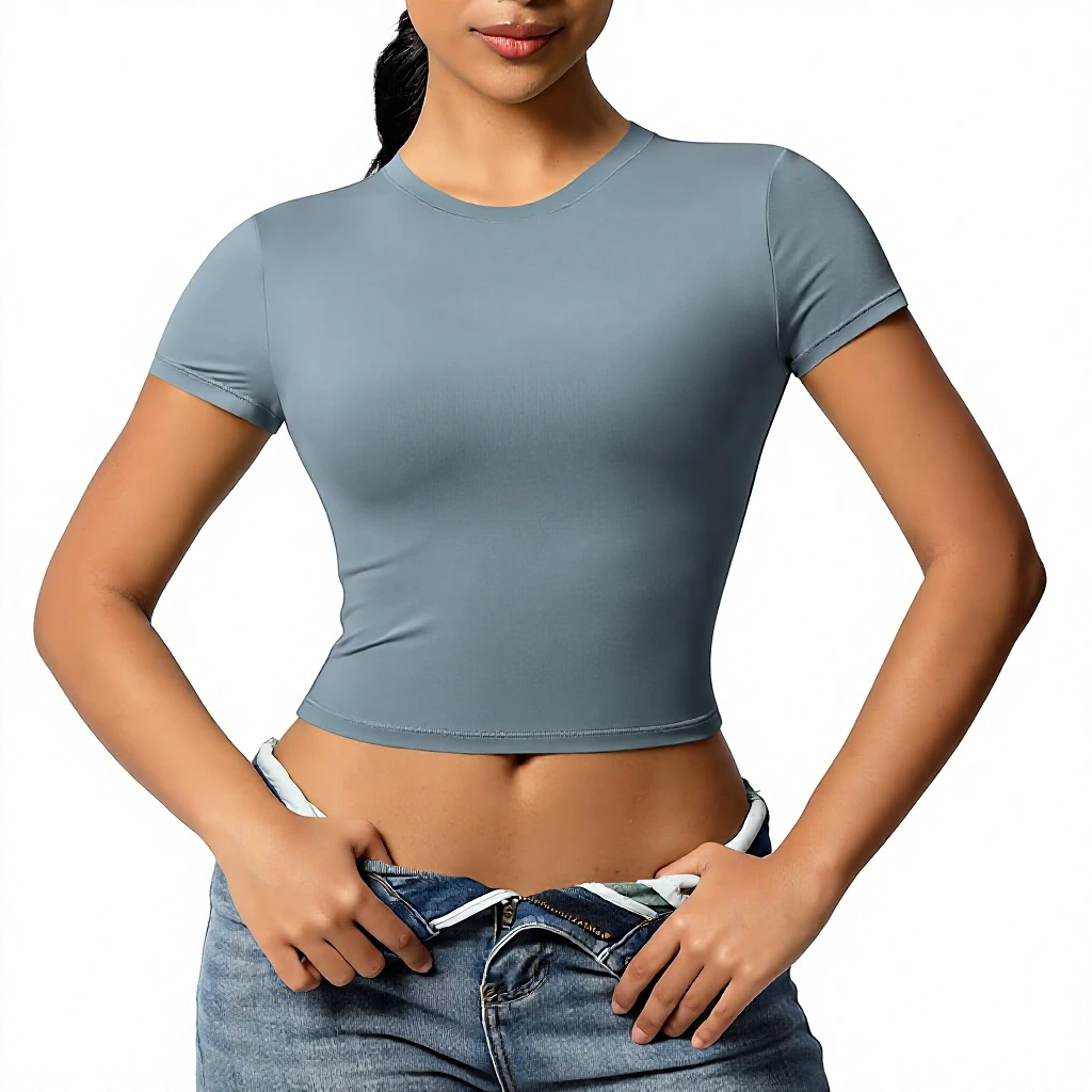 Cross-border Women's Double-sided Nylon Casual Tight-fitting Quick-drying Solid Pilates Top Yoga Wear Short-sleeve Running