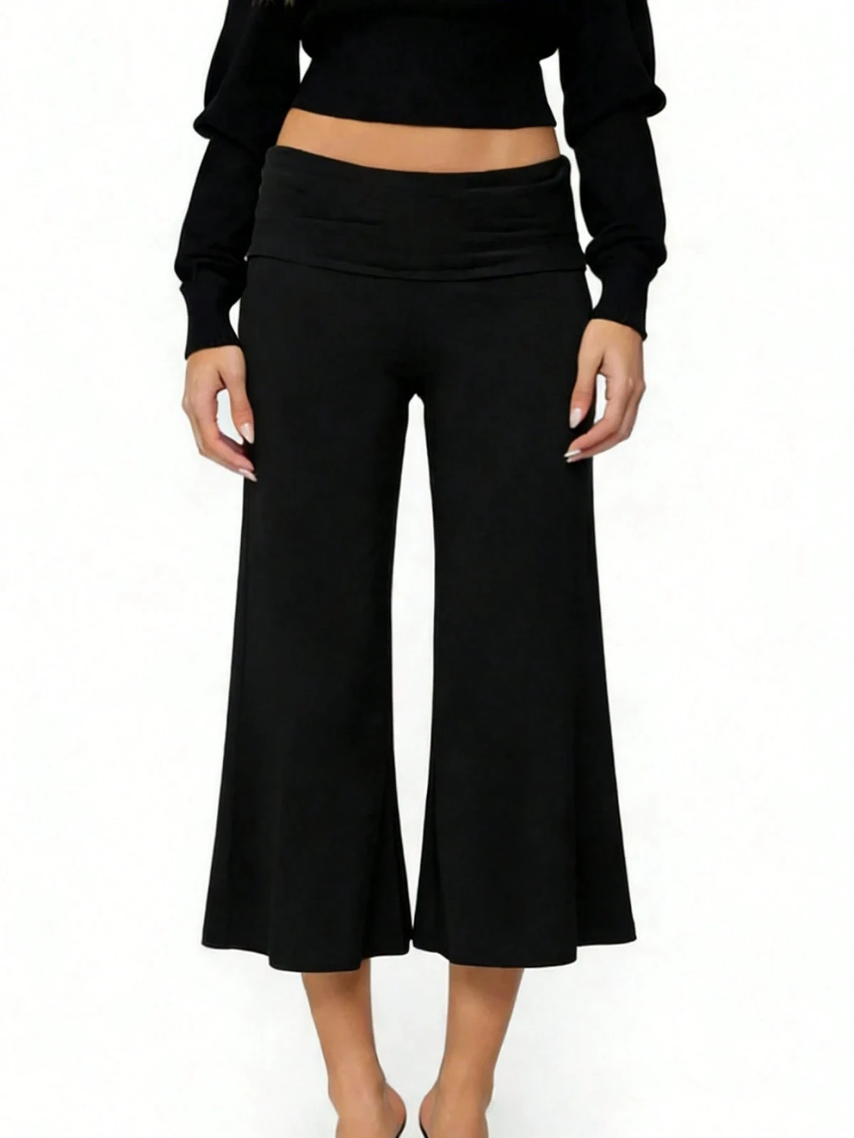 High-Quality Women Solid Color Fold Over Capri Casual Low Rise Straight Wide Leg Cropped Pants Yoga Workout Lounge Wear Bottoms
