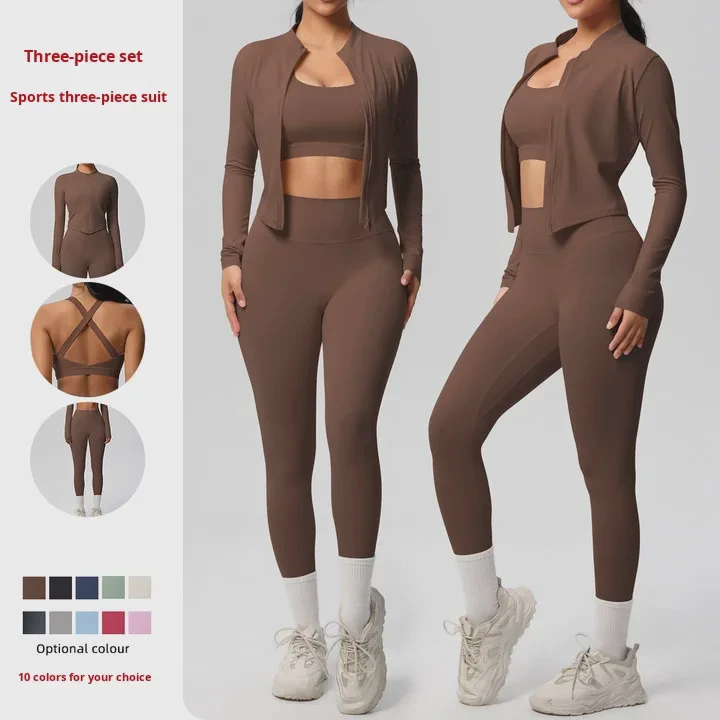 YS031 Women's Three-Piece Sports Yoga Set Double-Sided Brushed Tight-Fitting for Running Fitness XS- XL Front Elastic Waist