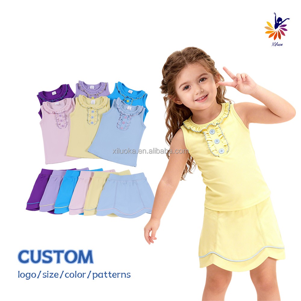 Girls Yoga Set Sleeveless Top with Placket Frill and Wave Hem Skirt Built in Shorts Low MOQ Custom
