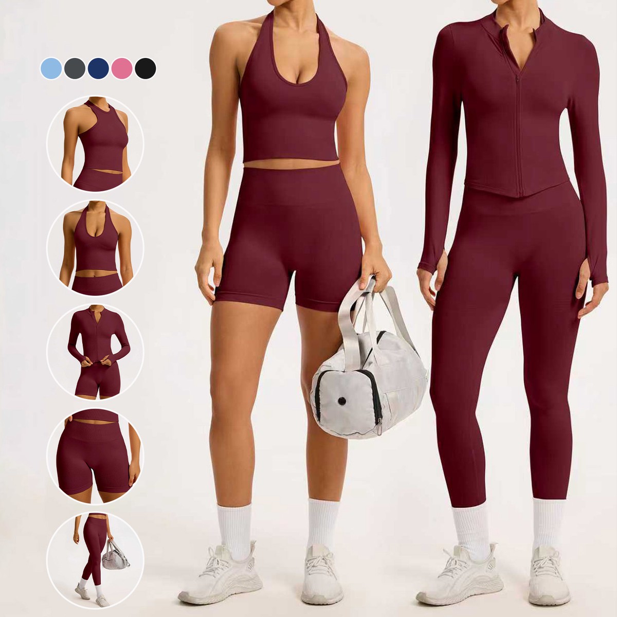 Seamless Custom Women 5 Piece Tight-Fitting Gym Sets Solid Color Sportswear Quick Drying Yoga Top Hip Lifting Leggings Set