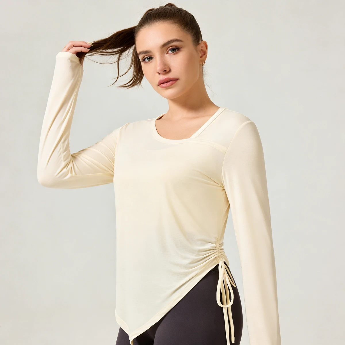 Breathable and Quick-drying Women's Spandex/Nylon Sports Tank Top Mesh Yoga Wear Large Size Pleated Pilates Long-sleeved