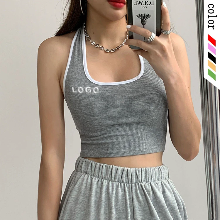 Custom Logo Ladies Sexy Backless Sports Knitted Rib Vest Women Halter Crop Tank Top