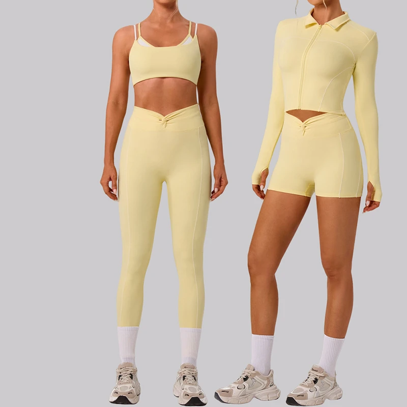 Women High Quality Workout New Popular Style 4 Pieces Jacket Sports Bra Shorts Leggings Yoga Fitness Gym Set