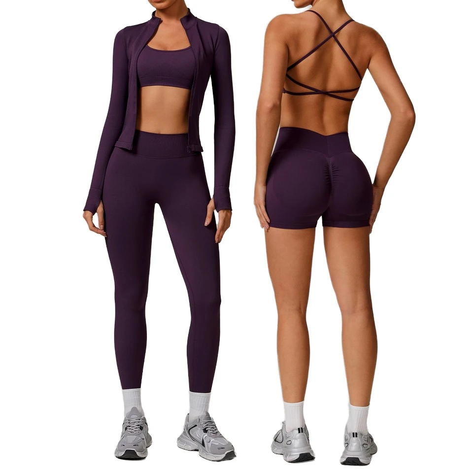Women's High Elastic Quick Dry Workout Gym Fitness Set 2/3 Piece Seamless Yoga Wear Wholesale Short Solid for Running Sports