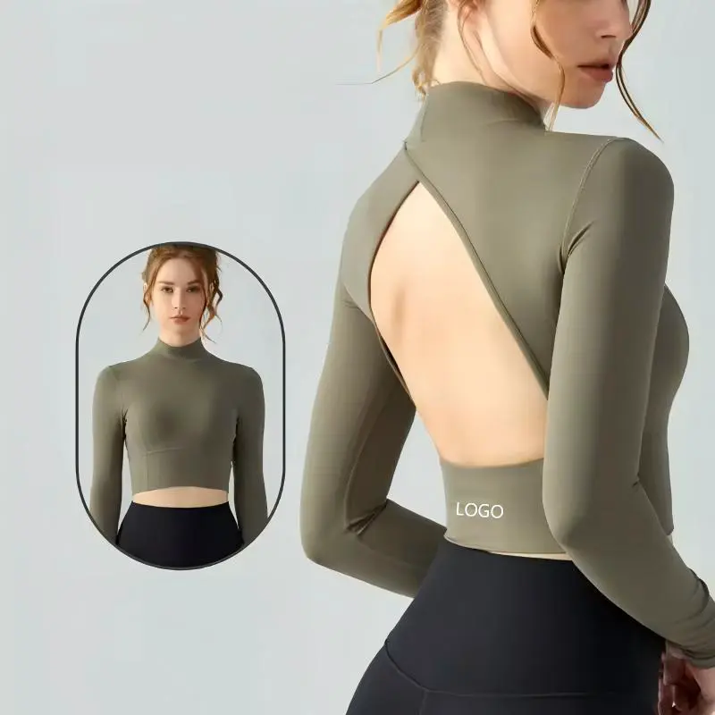 2026 Wholesale Breathable Plus Size Yoga Long Sleeve Fixed Cup Hollow Out Standing Collar Running Shirts & Tops