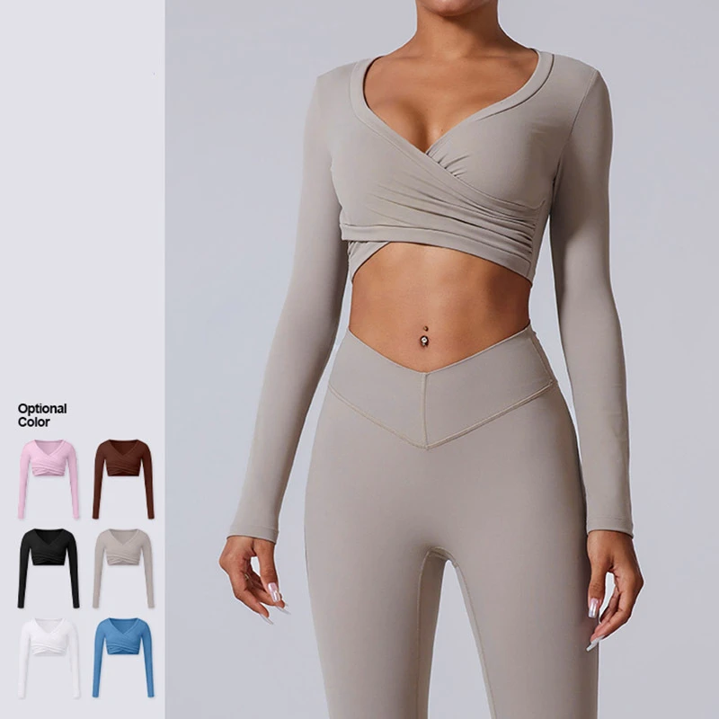 Fall Winter Cross Cascading Sanding Large V-Neck Sports Shirts Long Sleeve Fitness Top Tight Yoga T-shirt