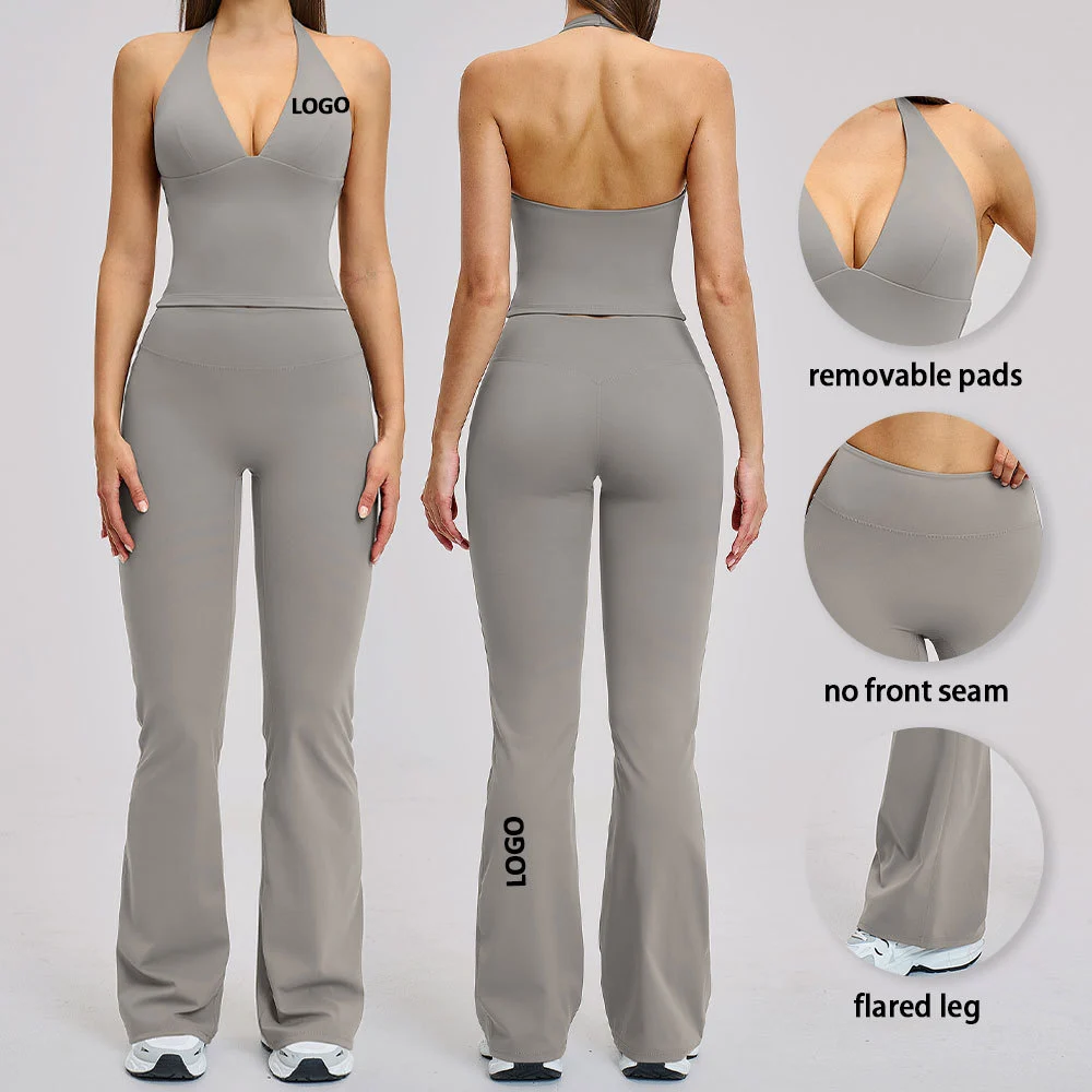New Arrival 2 Piece Fitness Clothing Women Yoga Wear Set Quick Dry High Waist Flared Pants Running Sports Gym Fitness Set
