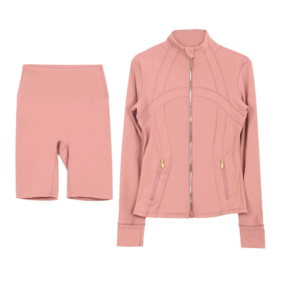 Women Fitness Yoga Set Stand Collar Long Sleeve Sports Top with Stretchy Shorts Workout Outfit for Gym
