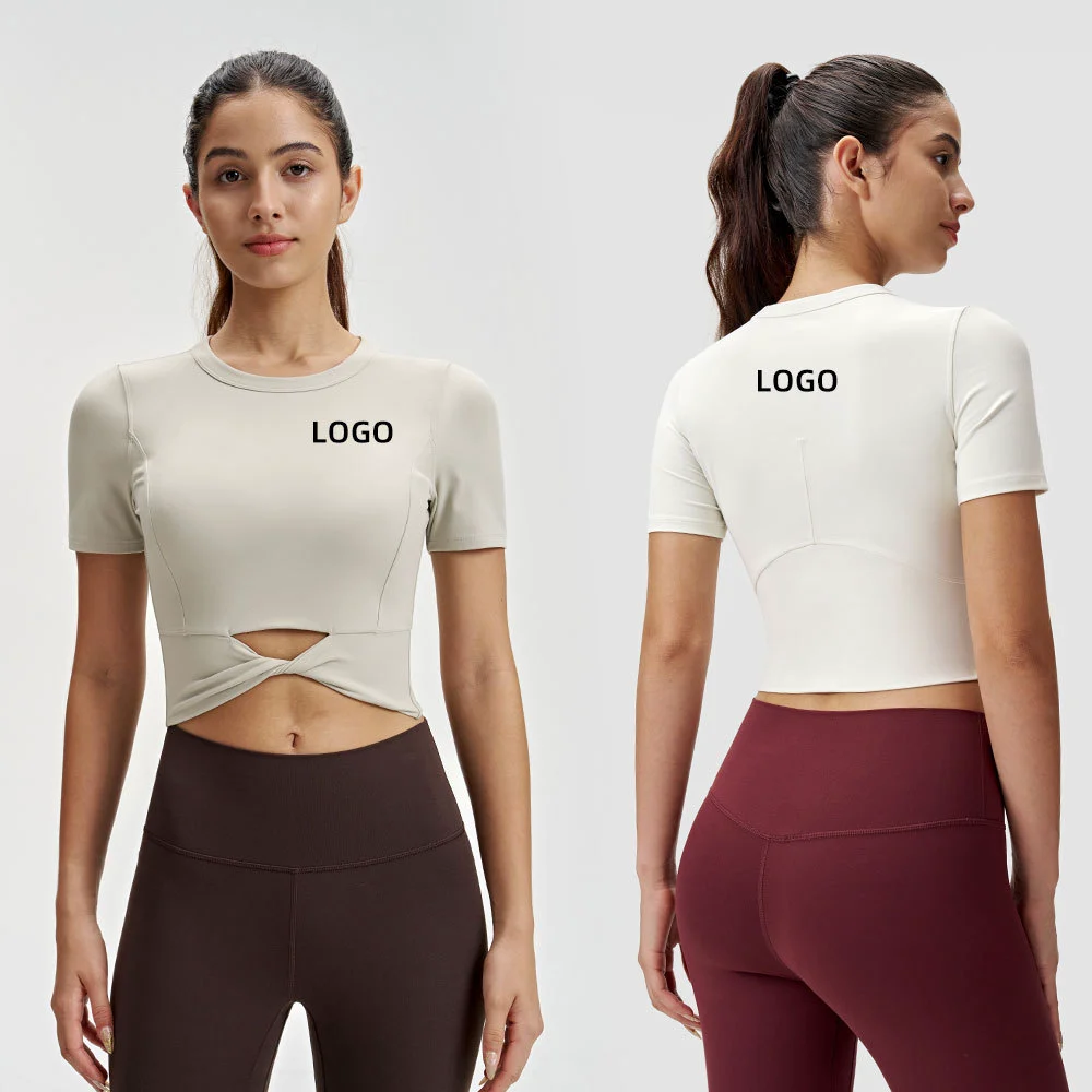 Slim Fit Women's Yoga T-Shirt Lu Short Hem Twist Knot Short Sleeve High Elasticity Crop Top Breathable Fitness Yoga Top