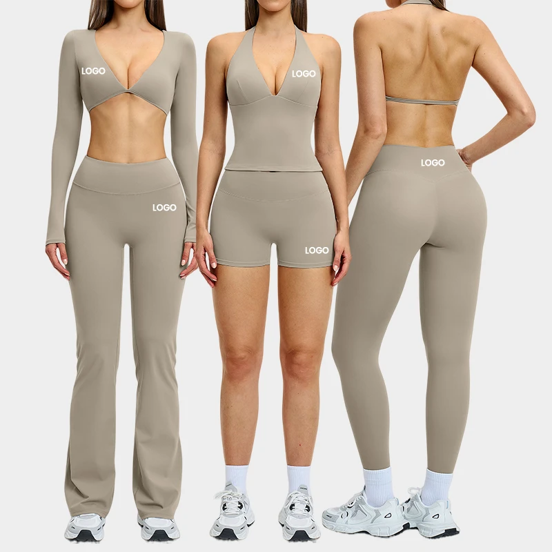 Custom Logo 6 Pieces Yoga Sets Sportswear Gym Sport Breathable Activewear Crop Top Flare Leggings Bra Invest Short for Women