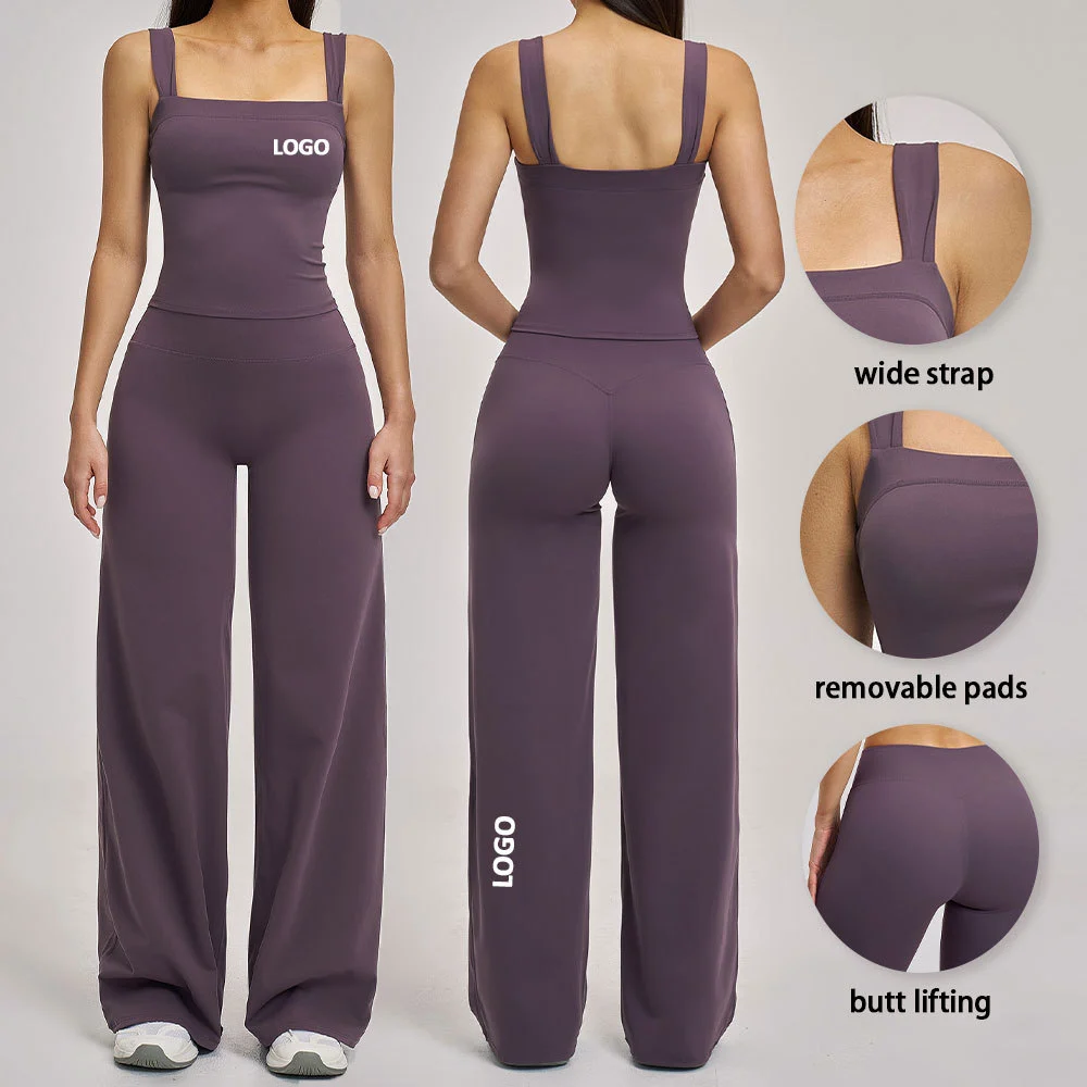 High Quality 2 Piece Fitness Clothing Women Flared Leg Yoga Pants Set High Waist Wide Leg Pants Running Sports Gym Fitness Set
