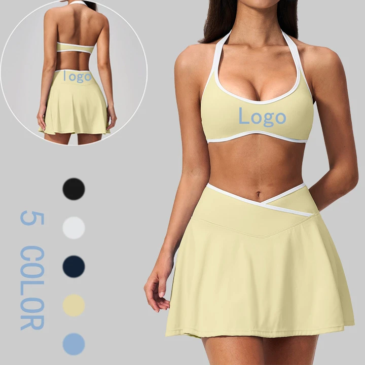 High Waist Contrast Color Sports Set Side Pocket Anti Chafing Halter Neck Tennis Skirt Set 2 Piece Yoga Set for Women