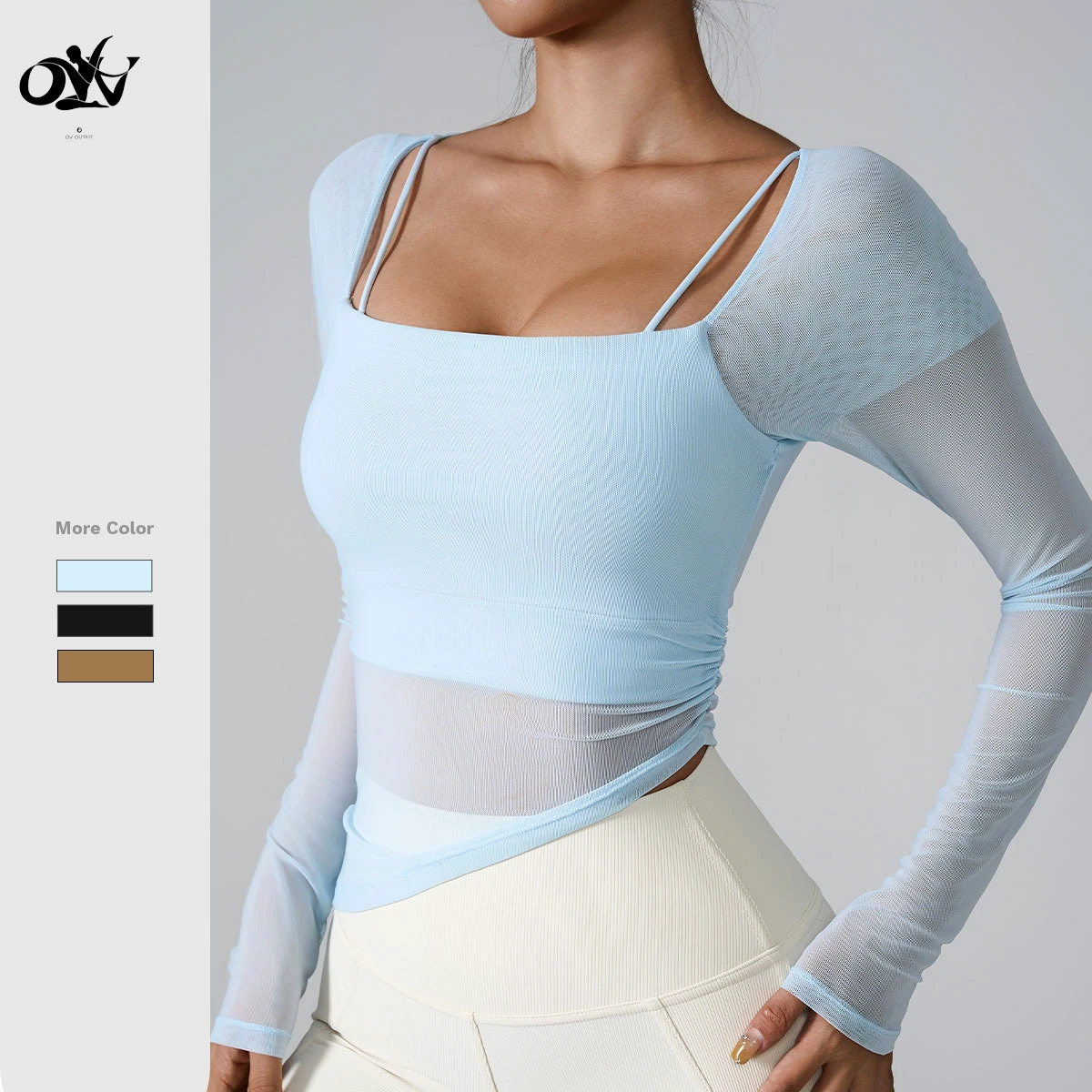 Breathable Mesh Lightweight Sport Clothes Square-neck Long Sleeve Design Women's Long Sleeve Shirts Wholesale Fitness Yoga Wear