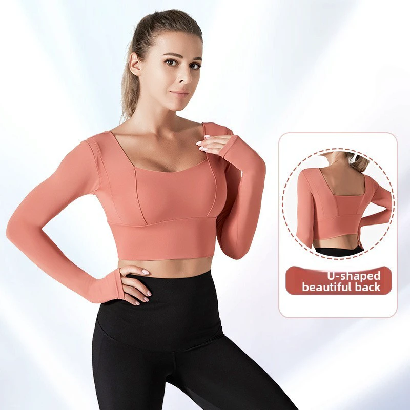 Lightweight Plus Size Long-Sleeved Regular Fit Yoga Fitness Top Breathable Quick-Drying Sweat-Wicking T-Shirt Navel-Baring