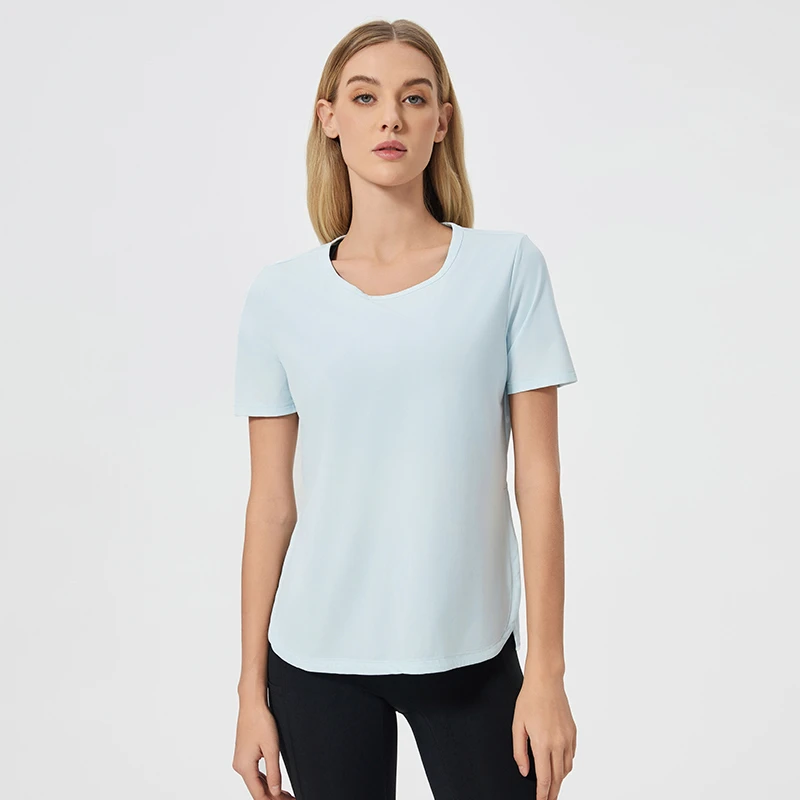 Womens YogaWorkout Short Sleeve Top High Stretch NylonSpandex Lightweight Sweat Wicking BreathableTee with Side SlitsCurved Hem