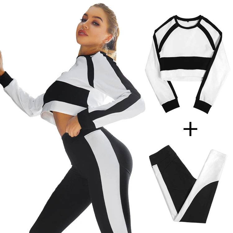 2 Piece Long Sleeve Yoga Suit Bcrop Topte Plaid Two Tone Fall T Shirtsactivewear Clothes Fitness Gym Wear Sets for Women