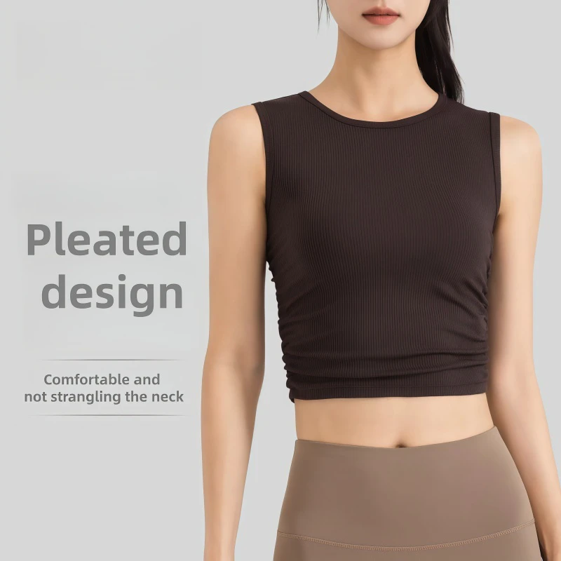 Summer New Pleated Sleeveless Quick Dry Spandex/Polyester Sports Vest Slim-Fit Waist-Cinching Yoga Top for Women