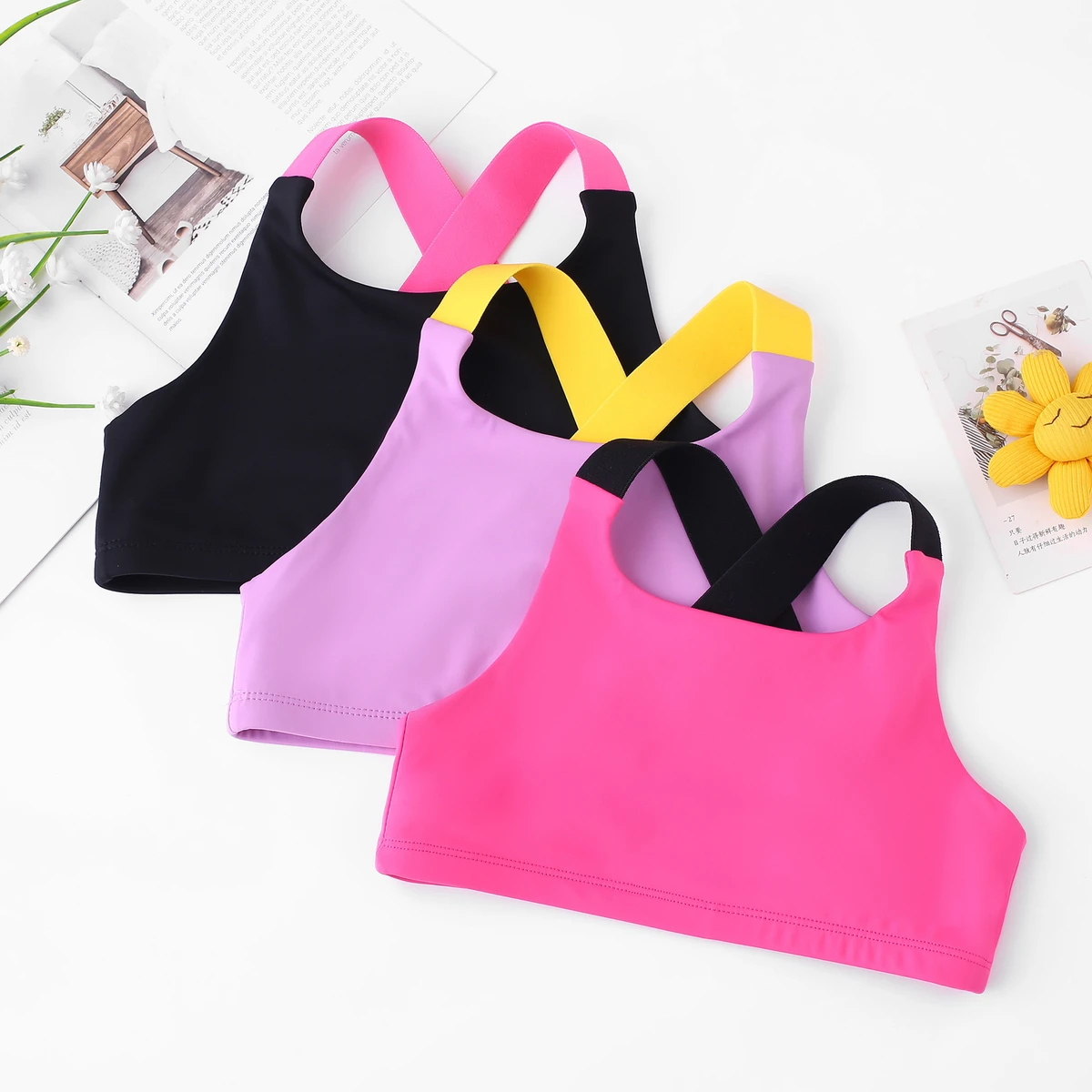 Girls Sportswear Fitness Vest Yoga Top Active Sport Bra Lace Pattern Long Seamless Lightweight Spandex Lining for Girls