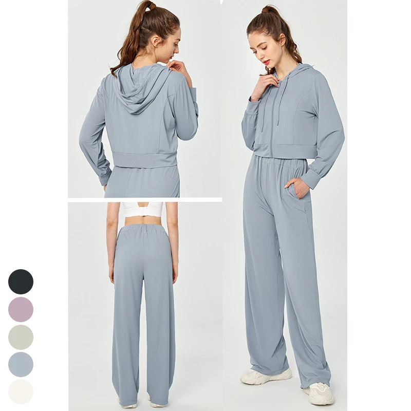 Women's Yoga Pant and Jacket Set Fitness Sports Zip-up Hooded with Wide Leg High Waist Straight Leg Solid Pattern Drawstring