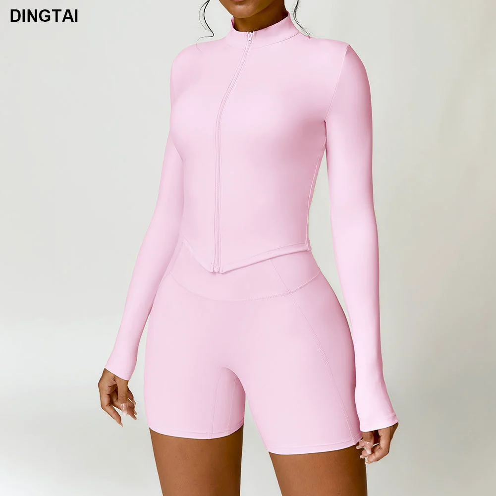 Guangzhou DingTai Zipper Tight Long Sleeve Fitness Wear Sport Bra Jacket High Waist Shorts Push Up Leggings 4pcs Yoga Gym Set
