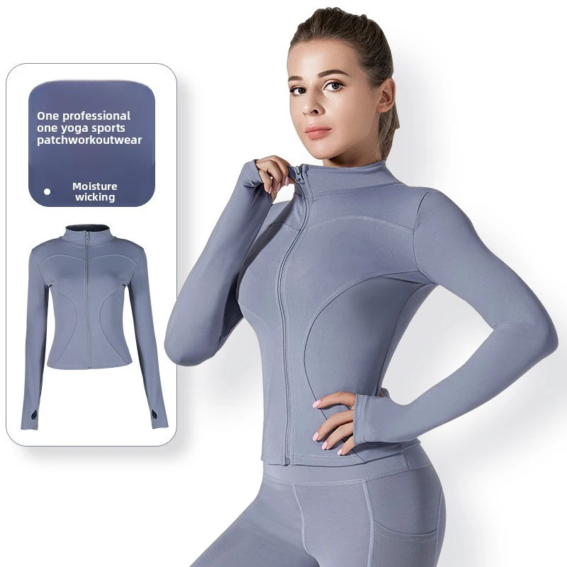 Women's High Elastic Breathable Wrinkle-Resistant Stand Collar Autumn Winter Sports Yoga Top Long-Sleeved Sun Protection Jacket